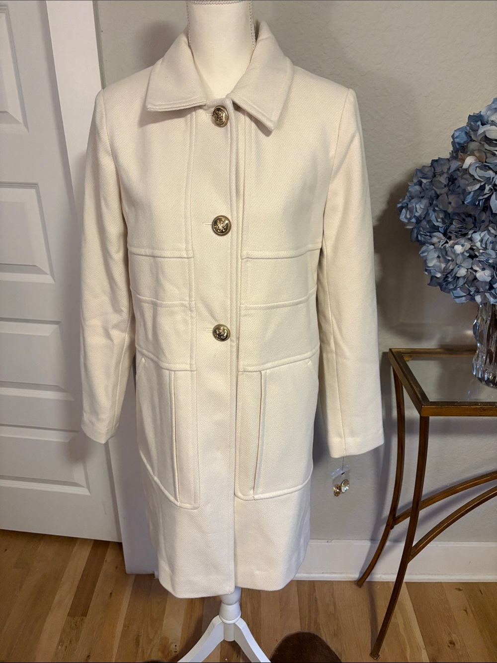 Sam Edelman Cream Single-Breasted Pea Coat with Gold Buttons